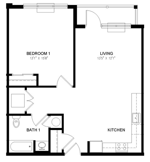 Floor plan for 1 bed, 1 bath, 736 sqft